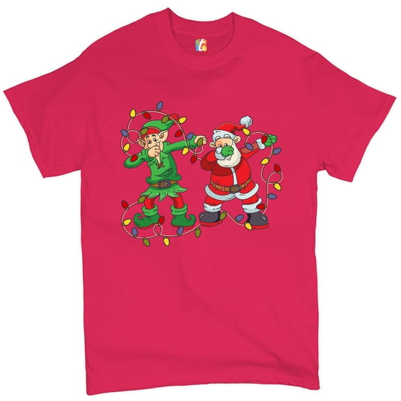 Tee Hunt Elf and Santa Claus Dab Dancing T-shirt Merry and Bright Christmas Men's Tee, Hot Pink, 4X-Large
