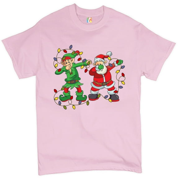 Tee Hunt Elf and Santa Claus Dab Dancing T-shirt Merry and Bright Christmas Men's Tee, Light Pink, 4X-Large