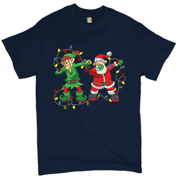 Tee Hunt Elf and Santa Claus Dab Dancing T-shirt Merry and Bright Christmas Men's Tee, Navy Blue, Medium