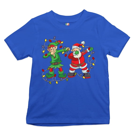 Tee Hunt Elf and Santa Claus Dab Dancing Youth T-Shirt Merry and Bright Christmas Kids, Blue, Large