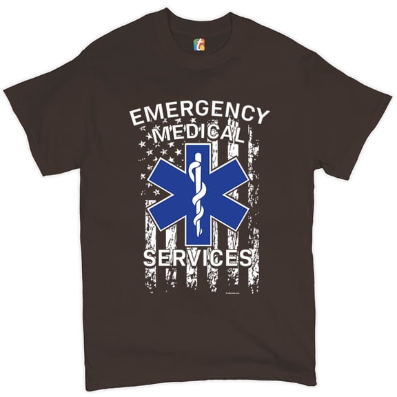 Tee Hunt Emergency Medical Services T-Shirt American Flag Star of Life EMS Men's Tee, Brown, 4X-Large