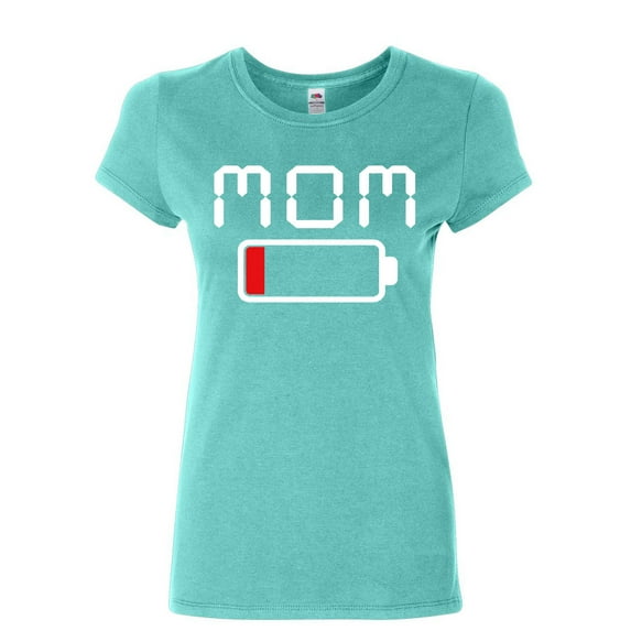 Tee Hunt Exhausted Mom Low Battery Women's T-Shirt Mother's Day Low Energy Coffee Shirt, Light Blue, Small