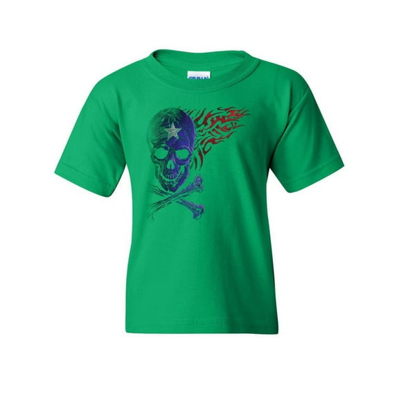 Tee Hunt Fantacycle Skull Crossbones Youth T-Shirt American Pride Tribal Flame Kids Tee, Green, Small