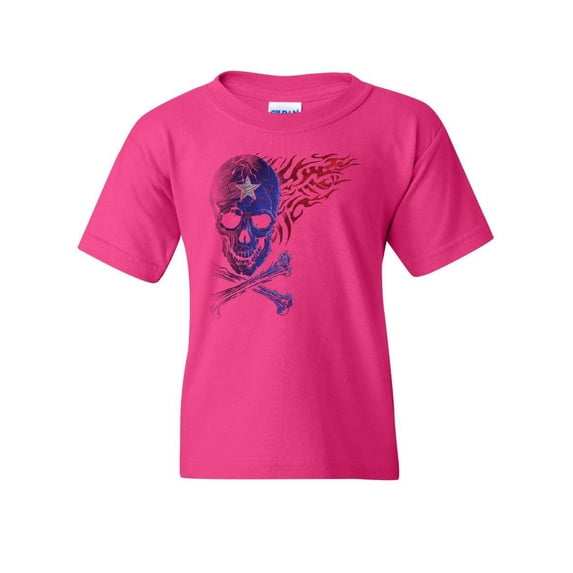Tee Hunt Fantacycle Skull Crossbones Youth T-Shirt American Pride Tribal Flame Kids Tee, Pink, Large