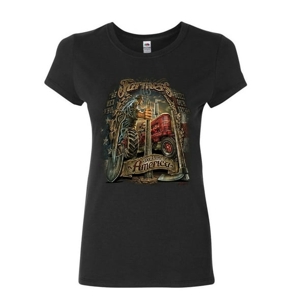 Tee Hunt Farmers Backbone of America Women's T-Shirt Countryside Farming Patriot Shirt, Black, Medium