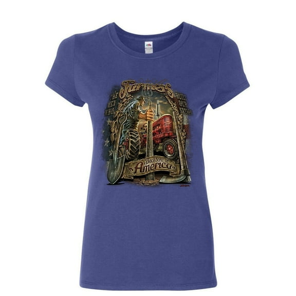 Tee Hunt Farmers Backbone of America Women's T-Shirt Countryside Farming Patriot Shirt, Blue, Medium