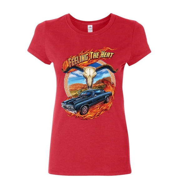 Tee Hunt Feeling The Heat Women's T-Shirt Route 66 American Muscle Retro Vintage Shirt, Red, Medium