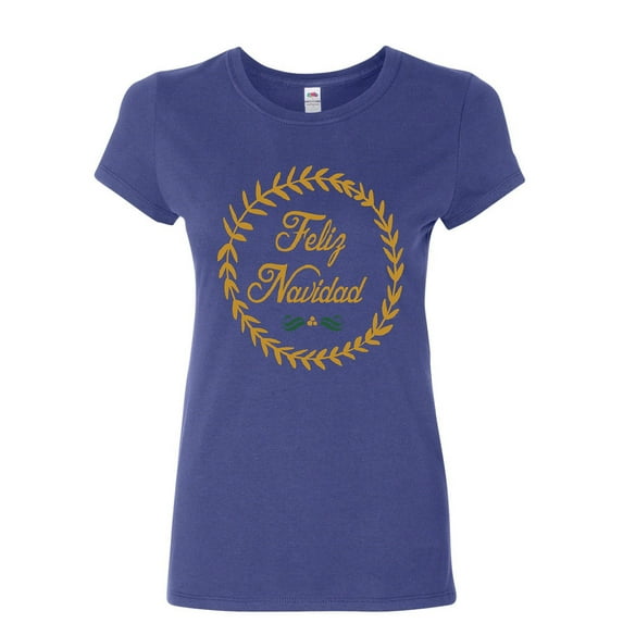 Tee Hunt Feliz Navidad Women's T-Shirt Merry Christmas Jingle Bells Santa Xmas Shirt, Blue, Medium