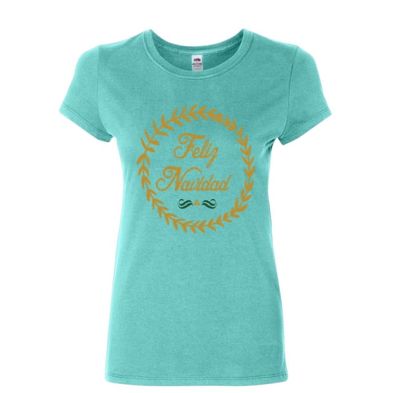 Tee Hunt Feliz Navidad Women's T-Shirt Merry Christmas Jingle Bells Santa Xmas Shirt, Light Blue, Small