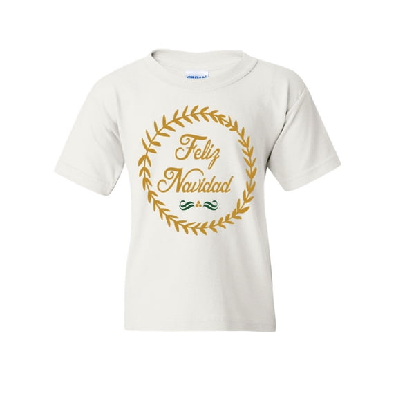 Tee Hunt Feliz Navidad Youth T-Shirt Merry Christmas Jingle Bells Santa Xmas Kids Tee, White, Medium