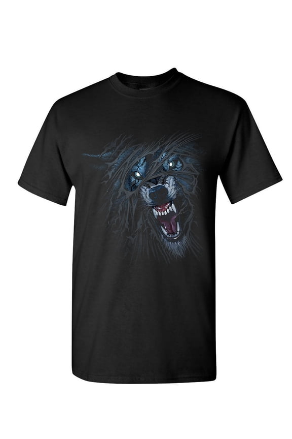 Fierce Growling Wolf T-Shirt Wilderness Wild Animal Lone Wolf Mens Shirt, Black, Large