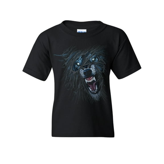 Tee Hunt Fierce Growling Wolf Youth T-Shirt Wilderness Wild Animal Lone Wolf Kids Tee