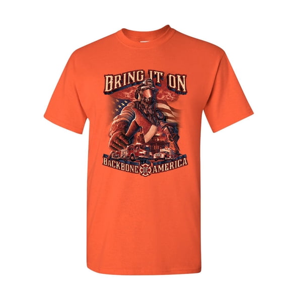 Tee Hunt Firefighter Backbone of America T-Shirt FD Fire and Rescue Hero Mens Shirt, Orange, XX-Large