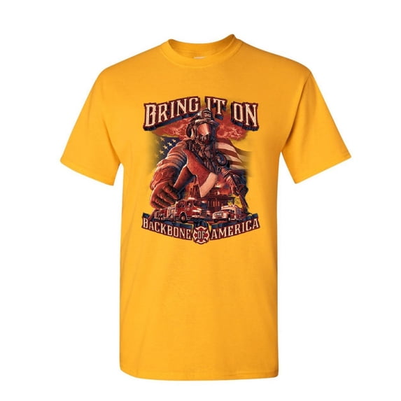 Tee Hunt Firefighter Backbone of America T-Shirt FD Fire and Rescue Hero Mens Shirt, Yellow, Medium