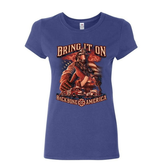 Tee Hunt Firefighter Backbone of America Women's T-Shirt FD Fire And Rescue Hero Shirt, Blue, XX-Large