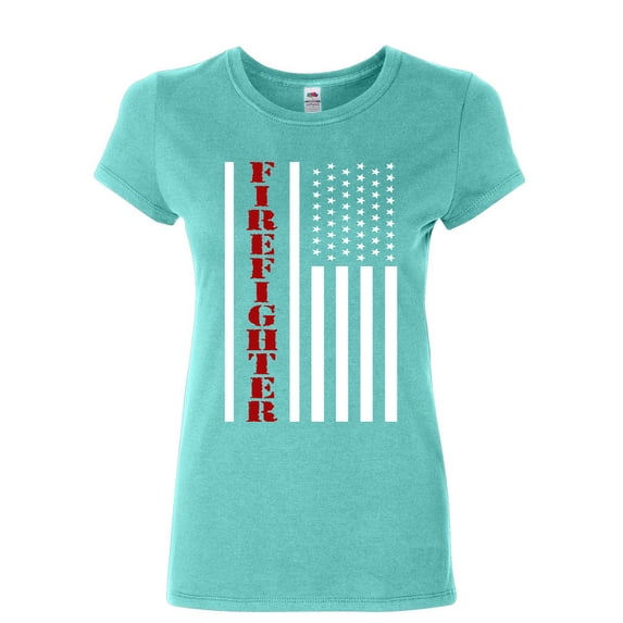 Tee Hunt Firefighter Stars and Stripes Women's T-Shirt Fire and Rescue Fire Dept Shirt, Light Blue, X-Large