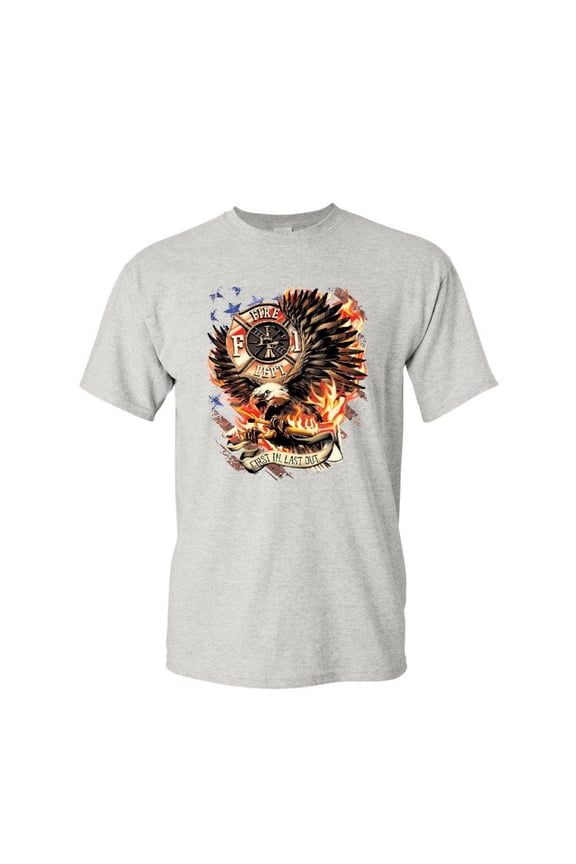 First in Last Out T-Shirt Fire & Rescue FD American Firefighter Mens Shirt, Ash Gray, 3X-Large