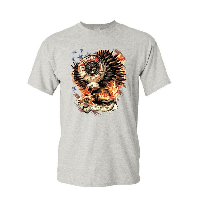 Tee Hunt First in Last Out T-Shirt Fire & Rescue FD American Firefighter Mens Shirt, Ash Gray, Large