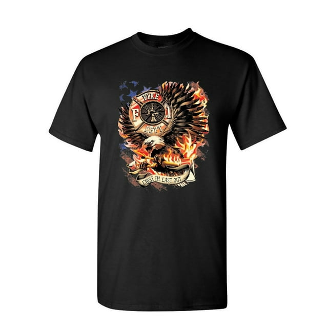 Tee Hunt First in Last Out T-Shirt Fire & Rescue FD American Firefighter Mens Shirt, Black, 4X-Large