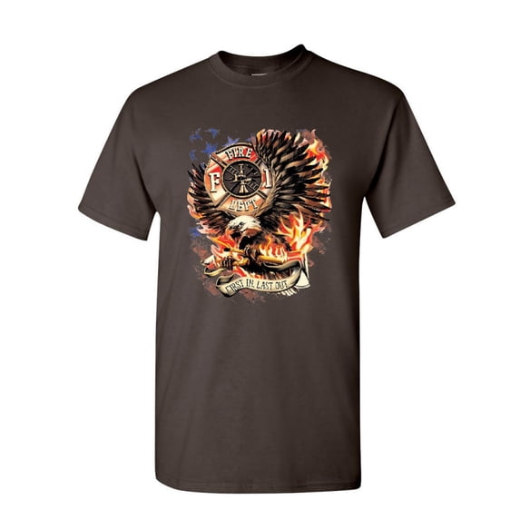 Tee Hunt First in Last Out T-Shirt Fire & Rescue FD American Firefighter Mens Shirt, Brown, Medium