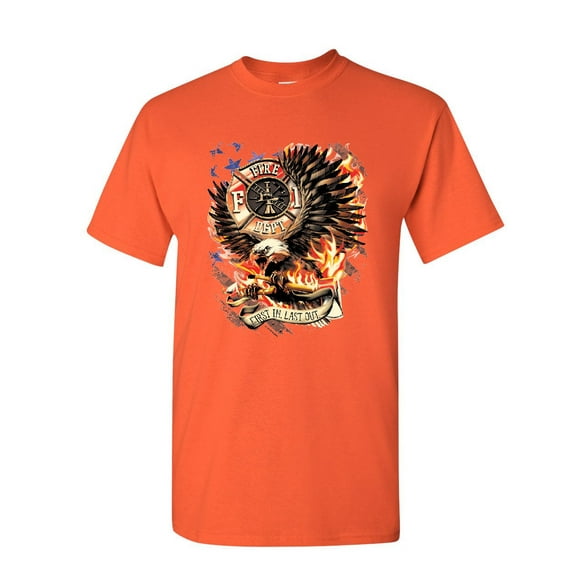 Tee Hunt First in Last Out T-Shirt Fire & Rescue FD American Firefighter Mens Shirt, Orange, Large