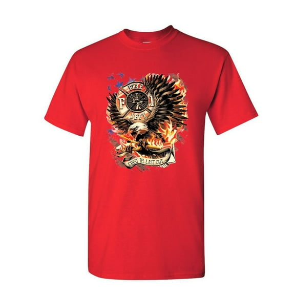 Tee Hunt First in Last Out T-Shirt Fire & Rescue FD American Firefighter Mens Shirt, Red, XX-Large