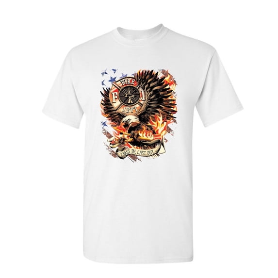 Tee Hunt First in Last Out T-Shirt Fire & Rescue FD American Firefighter Mens Shirt, White, 5X-Large