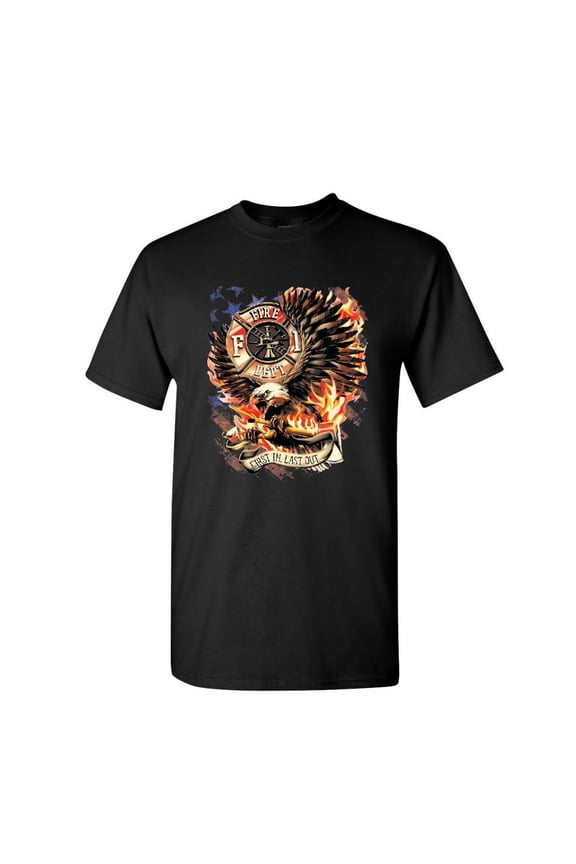 First in Last Out T-Shirt Fire & Rescue FD American Firefighter Mens Shirt