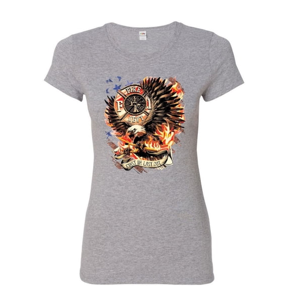 Tee Hunt First in Last Out Women's T-Shirt Fire & Rescue FD American Firefighter Shirt, Gray, Large