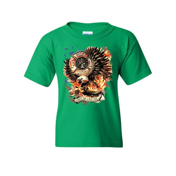 Tee Hunt First in Last Out Youth T-Shirt Fire & Rescue FD American Firefighter Kids Tee, Green, Small