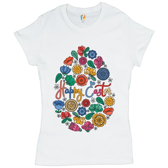 Tee Hunt Floral Easter Egg T-Shirt Happy Easter Women's T-Shirt Tee, White, Medium