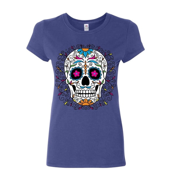 Tee Hunt Floral Sugar Skull Day of The Dead Cotton T-Shirt Dia de Los Muertos Calavera, Blue, X-Large