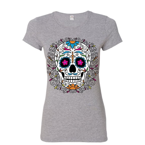 Tee Hunt Floral Sugar Skull Day of The Dead Cotton T-Shirt Dia de Los Muertos Calavera, Gray, Medium