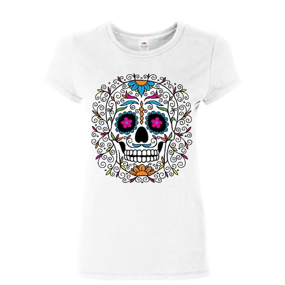 Tee Hunt Floral Sugar Skull Day of The Dead Cotton T-Shirt Dia de Los Muertos Calavera, White, Small