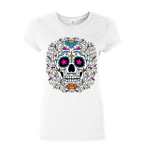 Tee Hunt Floral Sugar Skull Day of The Dead Cotton T-Shirt Dia de Los Muertos Calavera, White, XX-Large