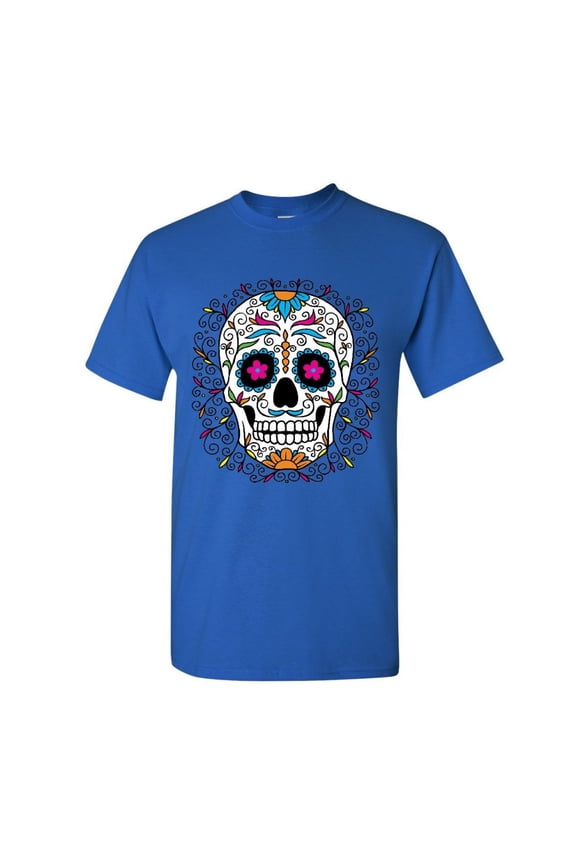 Floral Sugar Skull Day of The Dead T-Shirt Dia de Los Muertos Calavera Tee, Blue, Medium