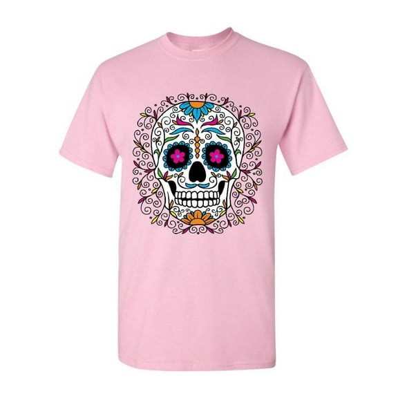 Tee Hunt Floral Sugar Skull Day of The Dead T-Shirt Dia de Los Muertos Calavera Tee, Light Pink, X-Large