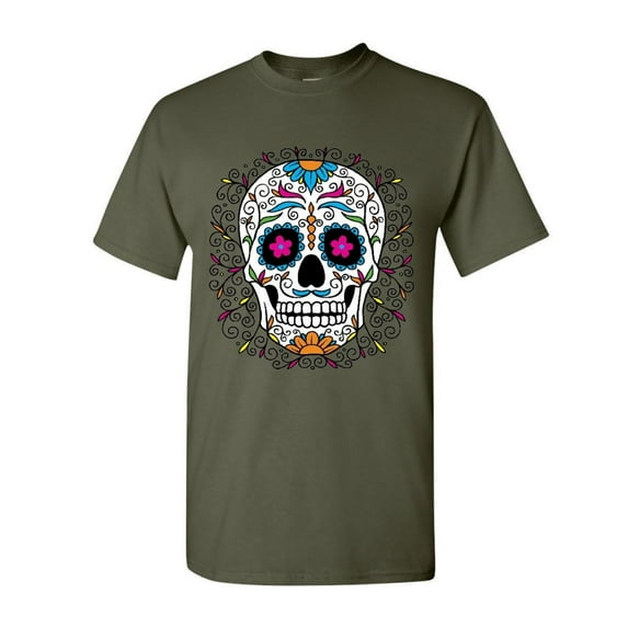 Tee Hunt Floral Sugar Skull Day of The Dead T-Shirt Dia de Los Muertos Calavera Tee, Military Green, Large