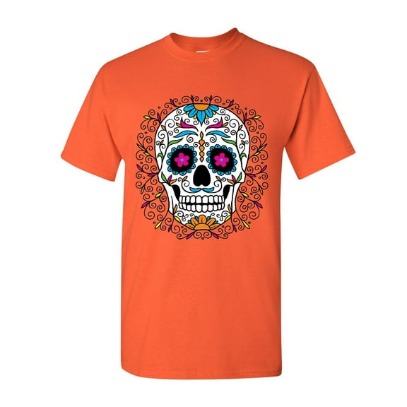 Tee Hunt Floral Sugar Skull Day of The Dead T-Shirt Dia de Los Muertos Calavera Tee, Orange, 3X-Large