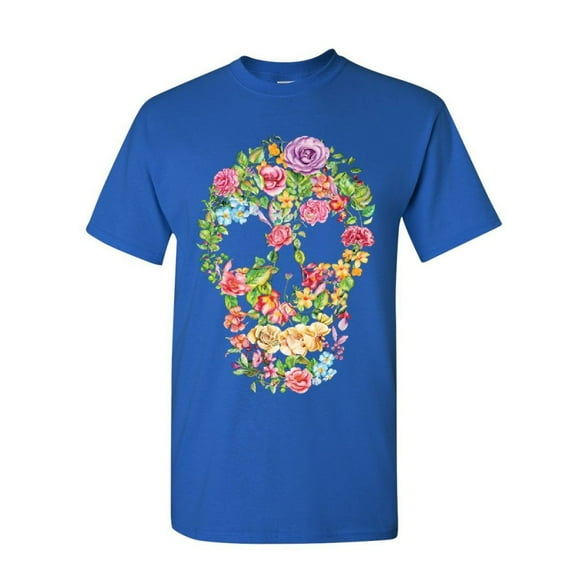 Tee Hunt Flower Skull T-Shirt Sugar Skull Calavera Dia de Los Muertos Mens Shirt, Blue, Large