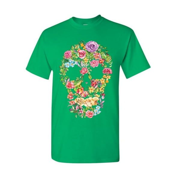 Tee Hunt Flower Skull T-Shirt Sugar Skull Calavera Dia de Los Muertos Mens Shirt, Green, Large