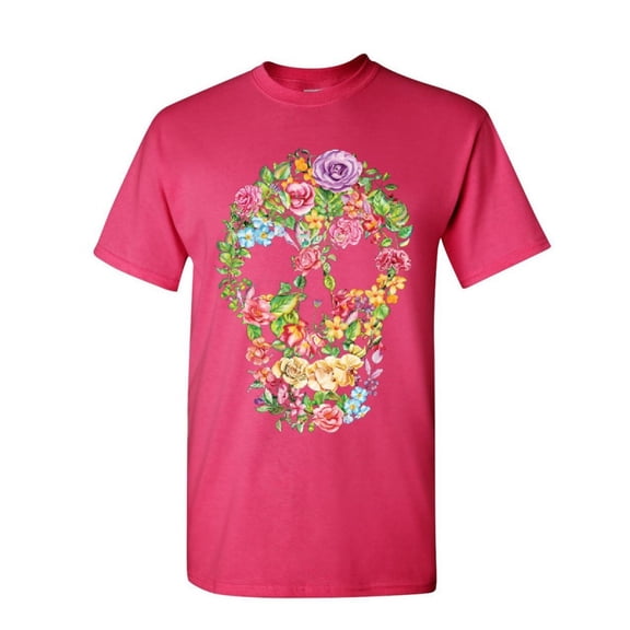 Tee Hunt Flower Skull T-Shirt Sugar Skull Calavera Dia de Los Muertos Mens Shirt, Hot Pink, XX-Large