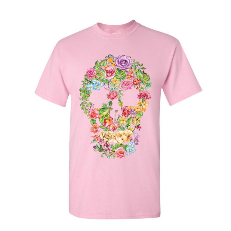 Tee Hunt Flower Skull T-Shirt Sugar Skull Calavera Dia de Los Muertos Mens  Shirt, Light Pink, X-Large 