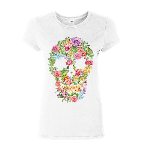 Tee Hunt Flower Skull Women's T-Shirt Sugar Skull Calavera Dia de Los Muertos Shirt, White, Medium