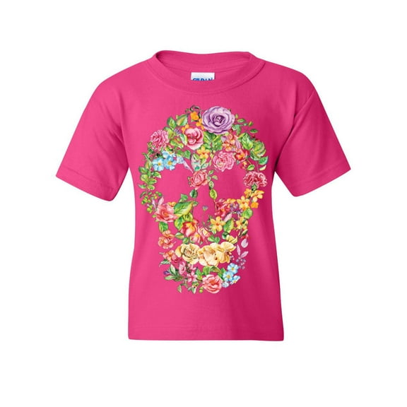 Tee Hunt Flower Skull Youth T-Shirt Sugar Skull Calavera Dia de los Muertos Kids Tee, Pink, Large