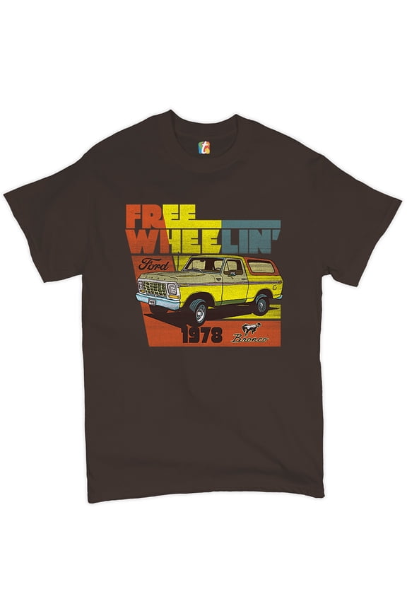 Ford Bronco 1978 T-Shirt Free Wheelin' Off-Road Licensed Men's Novelty Shirt, Brown, Medium