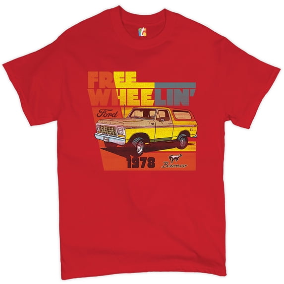 Tee Hunt Ford Bronco 1978 T-Shirt Free Wheelin' Off-Road Licensed Men's Novelty Shirt, Red, Medium