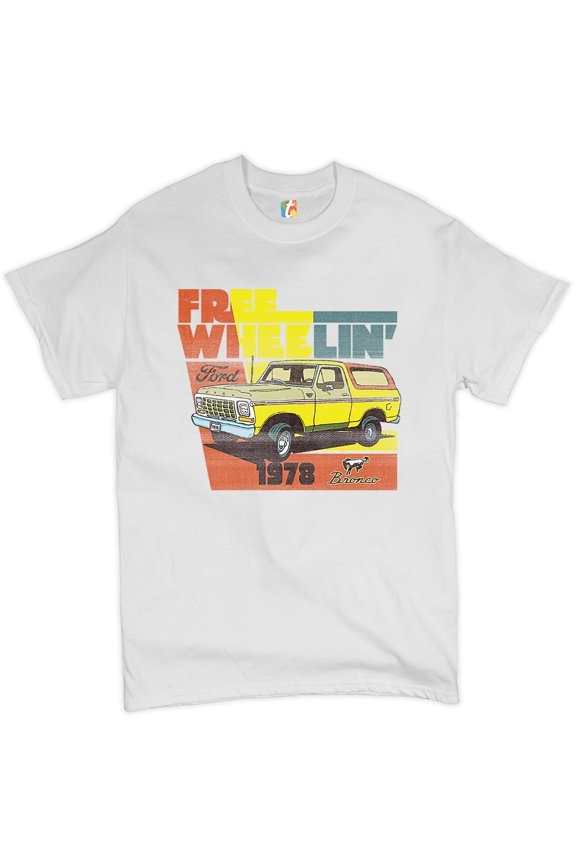 Ford Bronco 1978 T-Shirt Free Wheelin' Off-Road Licensed Men's Novelty Shirt, White, Medium