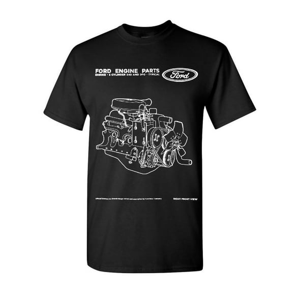 Tee Hunt Ford Engine Parts T-Shirt Straight Six Cylinder Motor 1965 Men's Novelty Shirt, Black, XX-Large