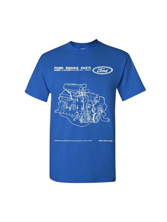 Ford Engine Parts T-Shirt Straight Six Cylinder Motor 1965 Men's Novelty Shirt, Blue, Medium